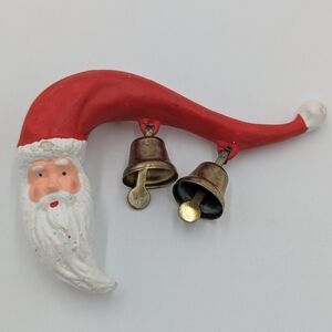 Vintage Kitsch Santa Brooch Lapel Pin Bells  Holiday Retro Christmas Quirky Fun